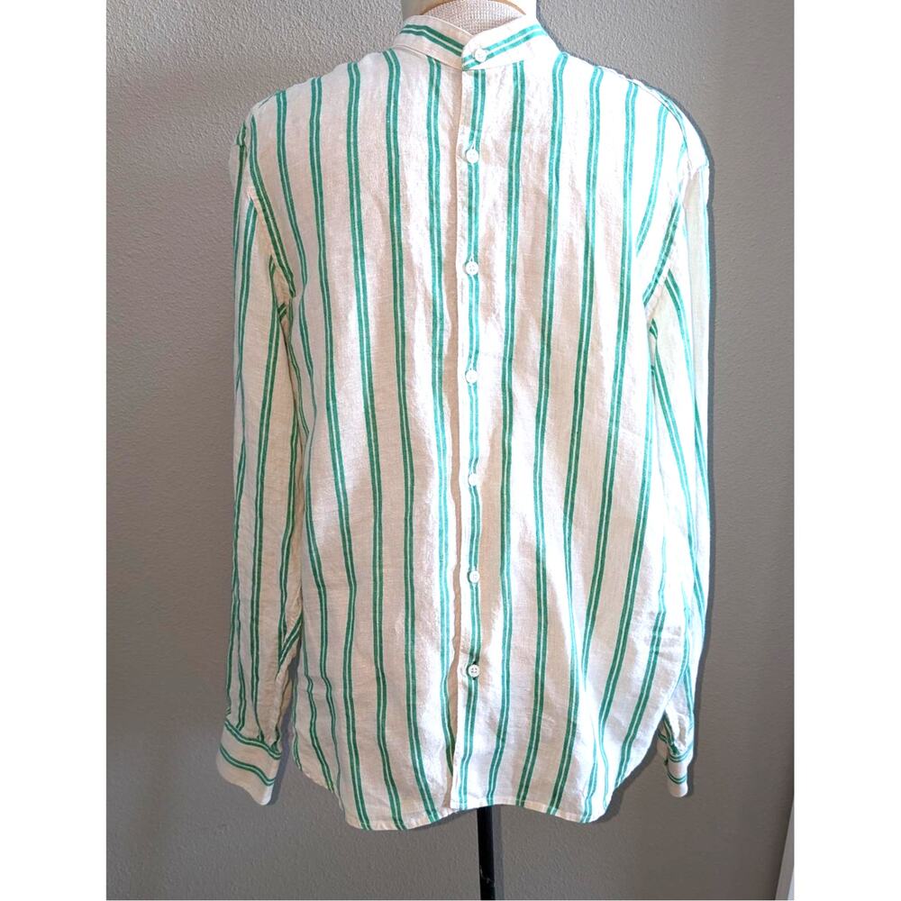 Men's Mango Shirt Medium 100% Linen Striped Long Sleeve Button Up Green White